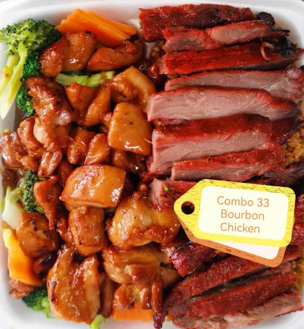 Combo 33 with bourbon chicken and roast pork