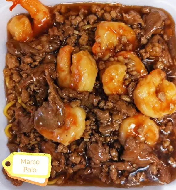 Marco Polo — shrimp and ground meat over noodles in sauce