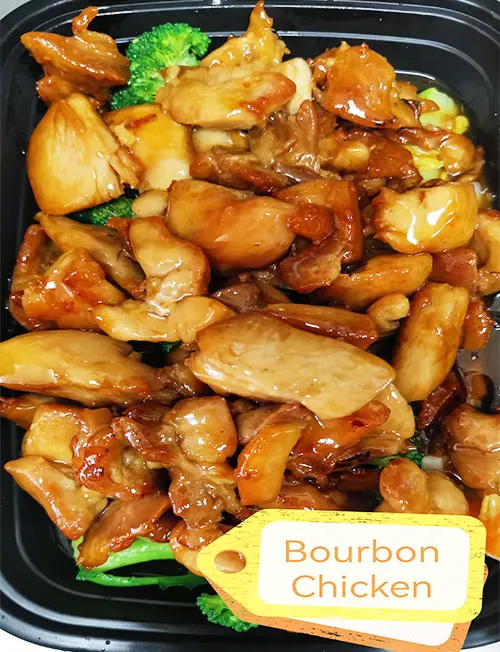 Bourbon chicken in a takeout container