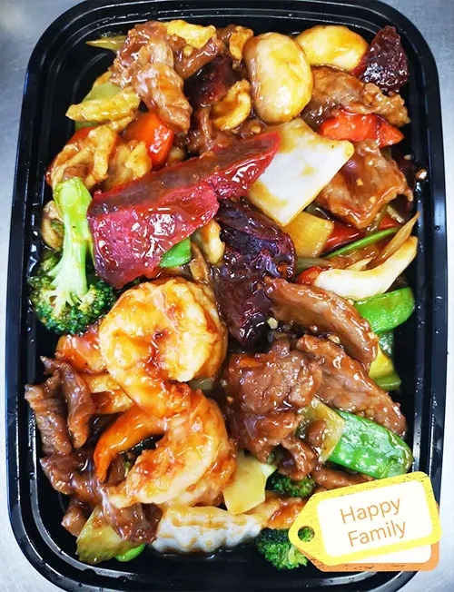 Happy Family with shrimp, beef and vegetables